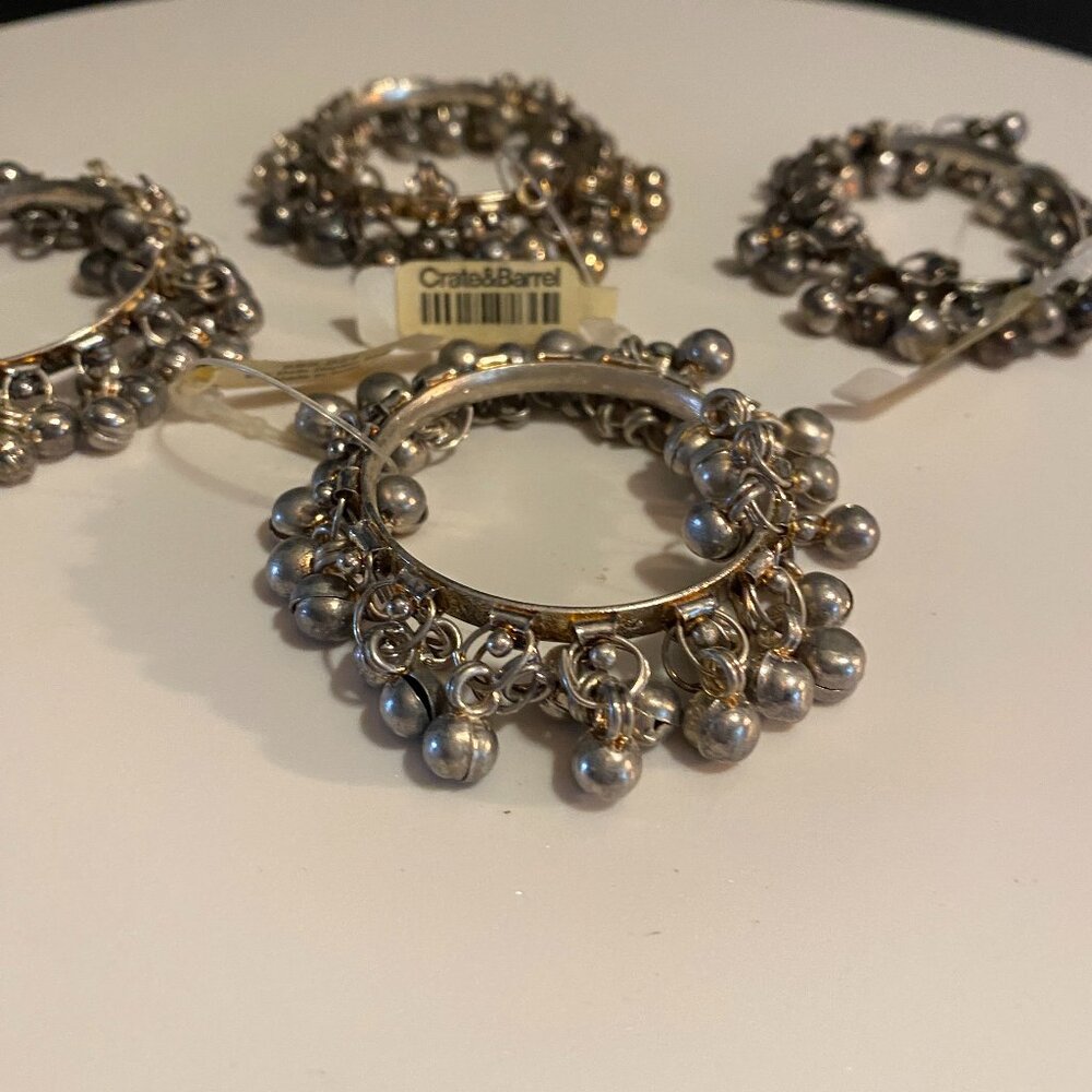 Crate & Barrel Silver Bells Holiday Napkin Rings - set of 4 NWT